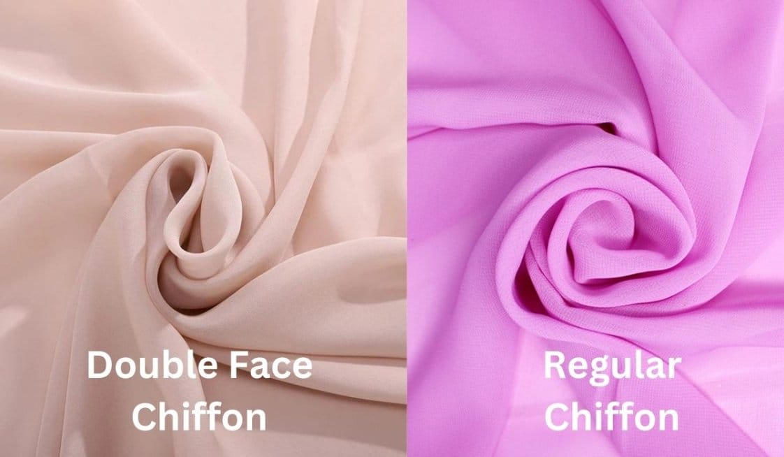 Double face chiffon compared with regular chiffon fabric showing thicker opacity and smoother finish versus thinner more sheer texture