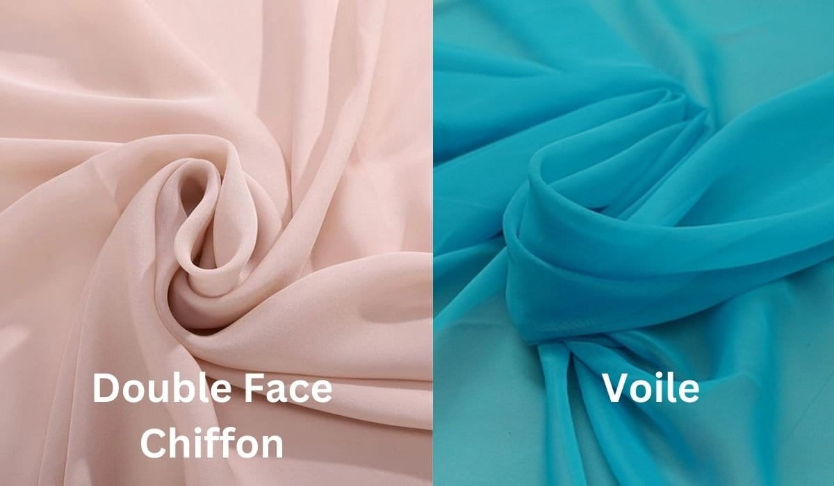 Comparison between double face chiffon and voile fabric showing silky flowing chiffon next to soft matte cotton voile texture