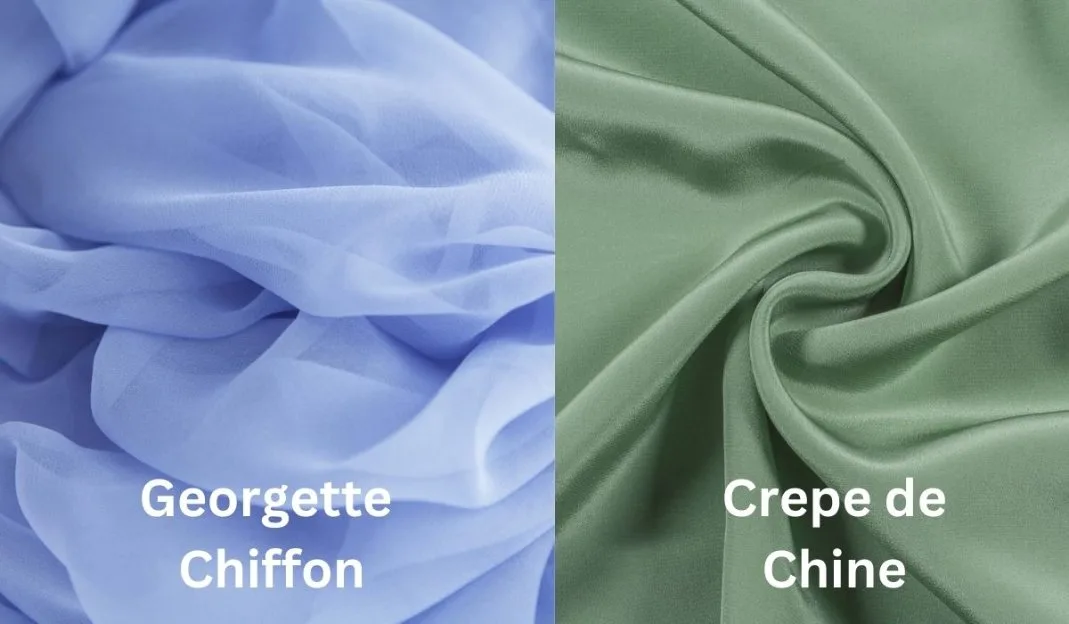 Comparison of georgette chiffon and crepe de chine showing drape and surface differences