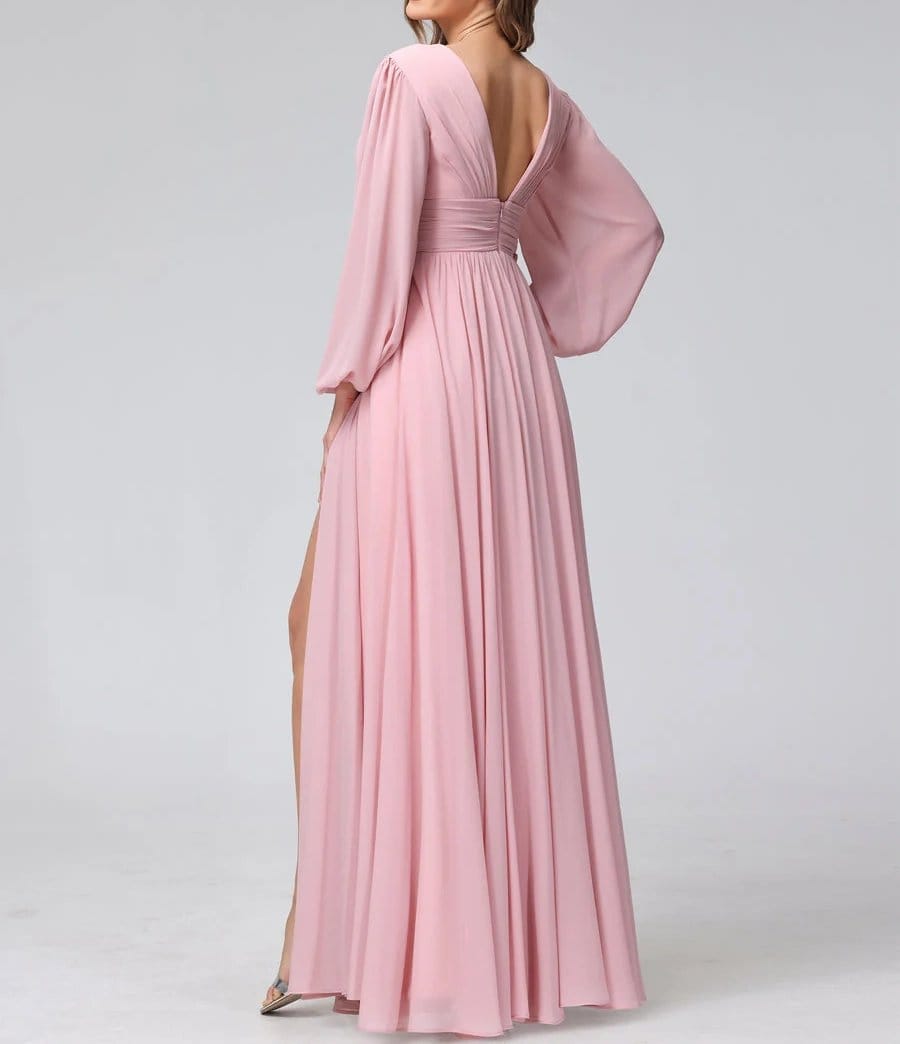 Blush pink georgette chiffon bridesmaid dress with long sleeves and flowing skirt