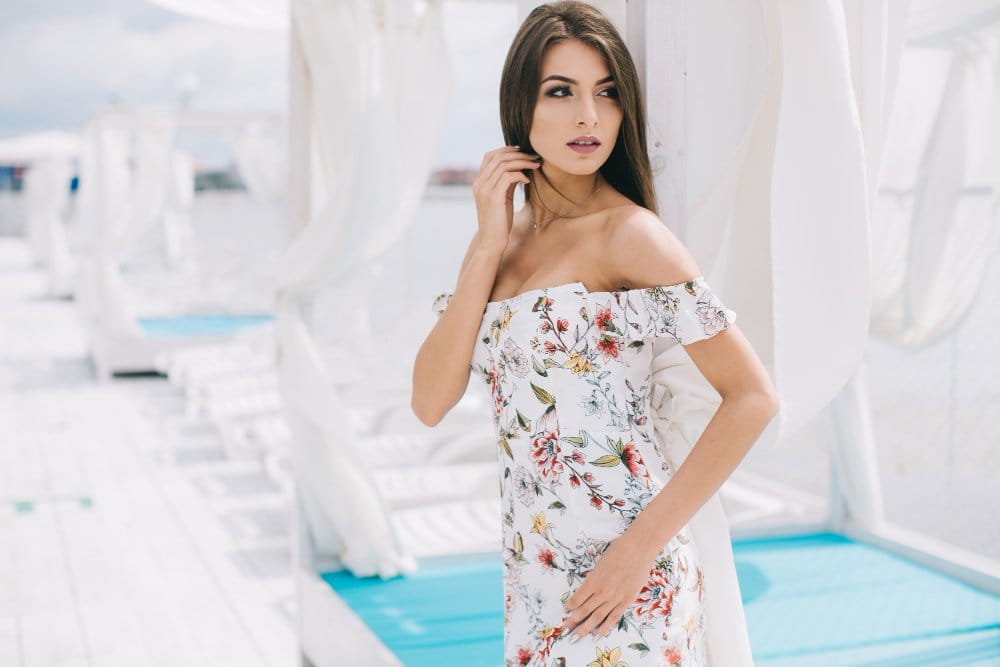 Floral off shoulder summer dress made from lightweight georgette chiffon
