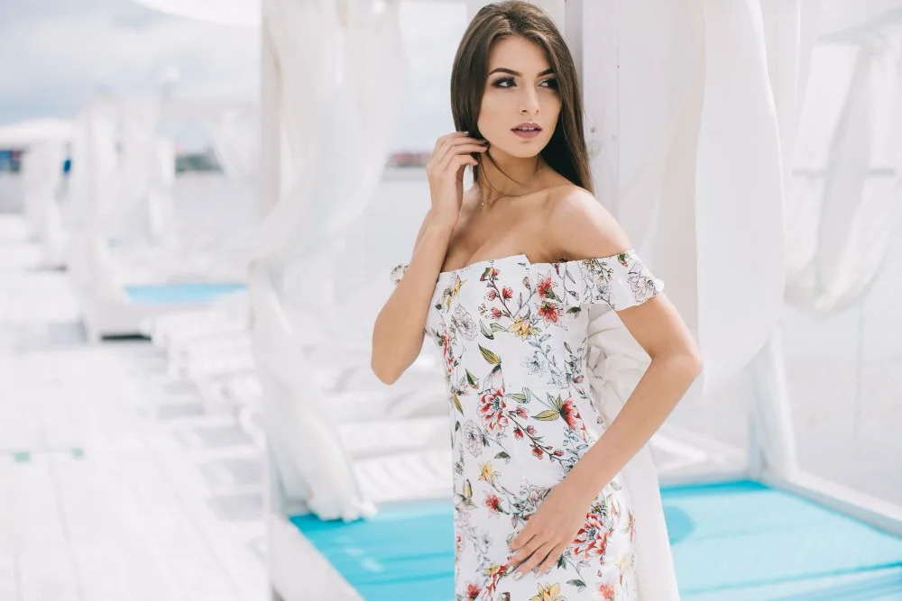 Floral off shoulder summer dress made from lightweight georgette chiffon
