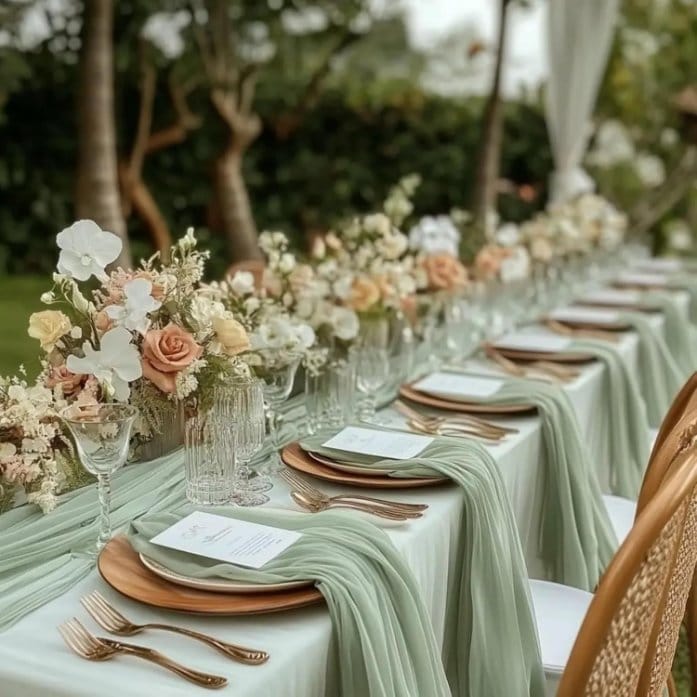 Event table styled with sage green georgette chiffon runners and floral centerpieces