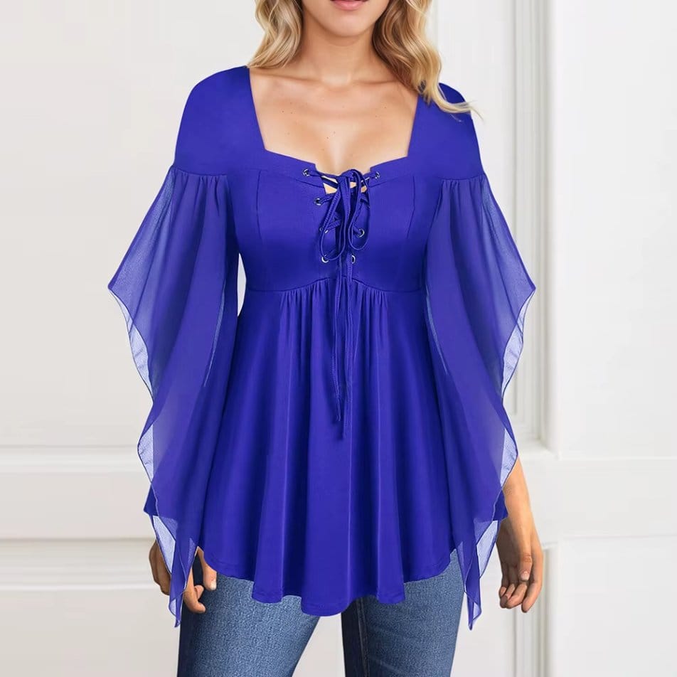 Royal blue georgette chiffon blouse with sheer flutter sleeves and lace up neckline