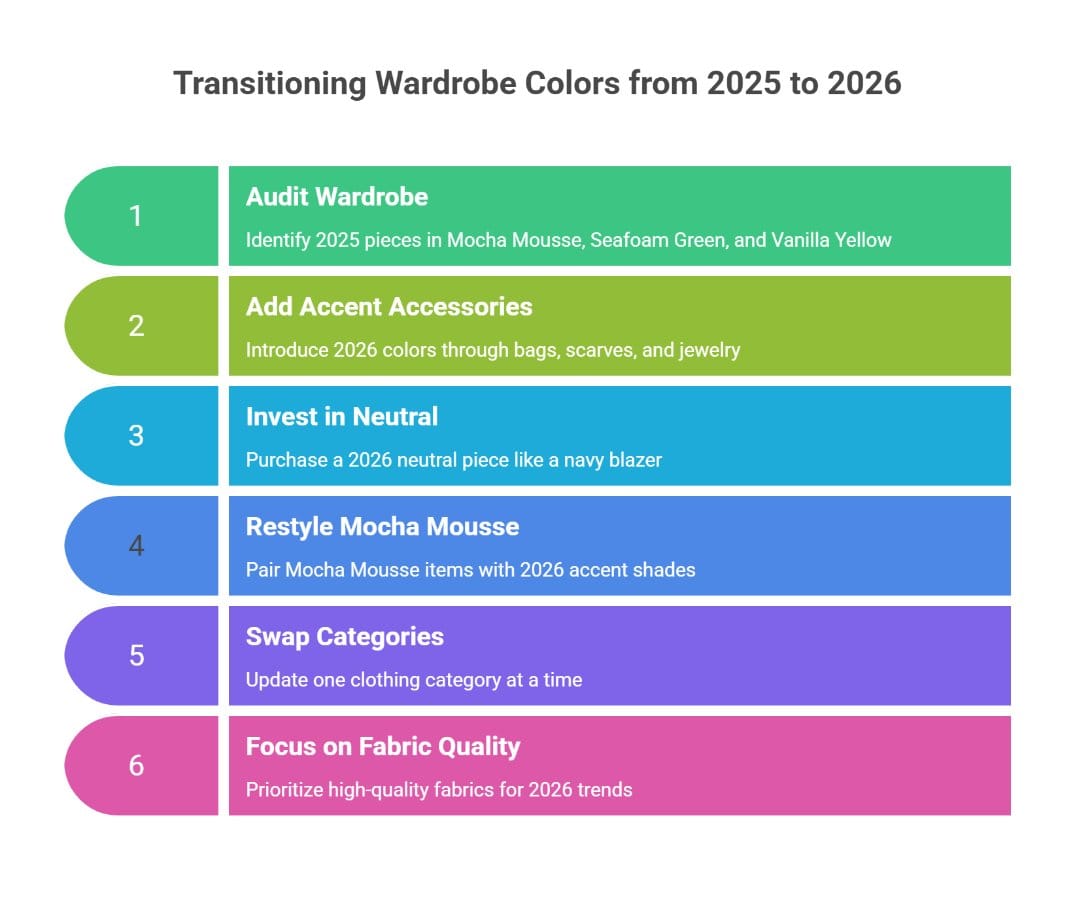 Step by step guide to transitioning wardrobe colors from 2025 to 2026 including adding accents and investing in new neutrals