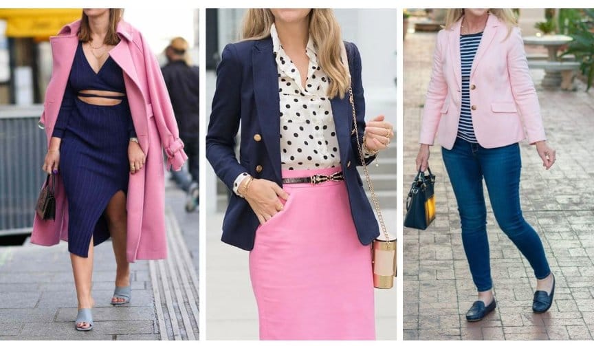 Navy blazer styled with ballet pink skirt and coat for feminine professional outfit inspiration