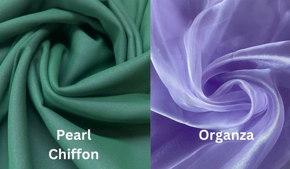 Pearl chiffon fabric next to sheer organza fabric showing soft flowing folds on one side and crisp structured transparency on the other