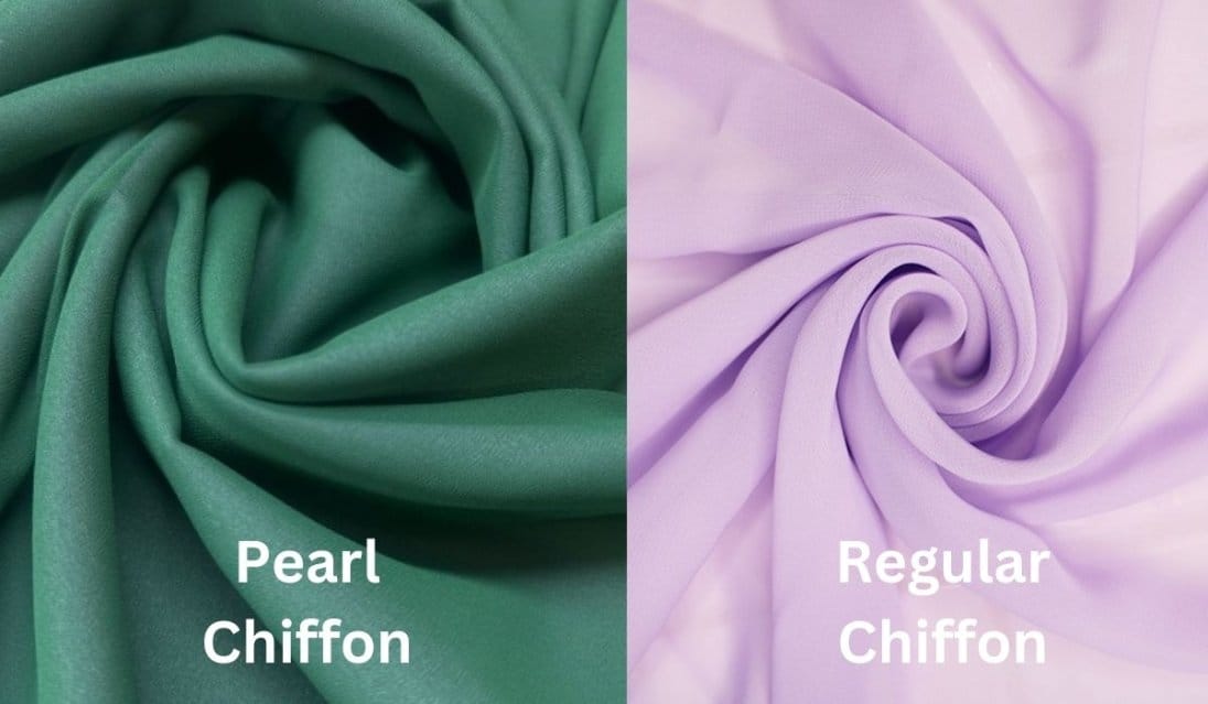 Pearl chiffon and regular chiffon comparison showing thicker pearlescent chiffon next to lighter more transparent standard chiffon fabric