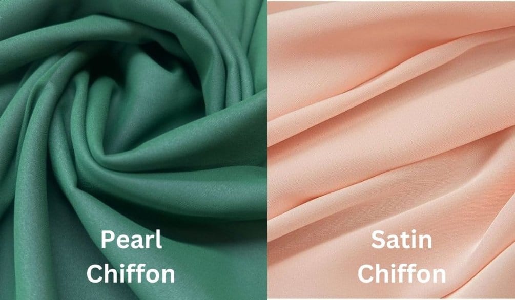 Pearl chiffon fabric compared with satin chiffon showing matte pearlescent surface next to glossy satin shine and smoother finish