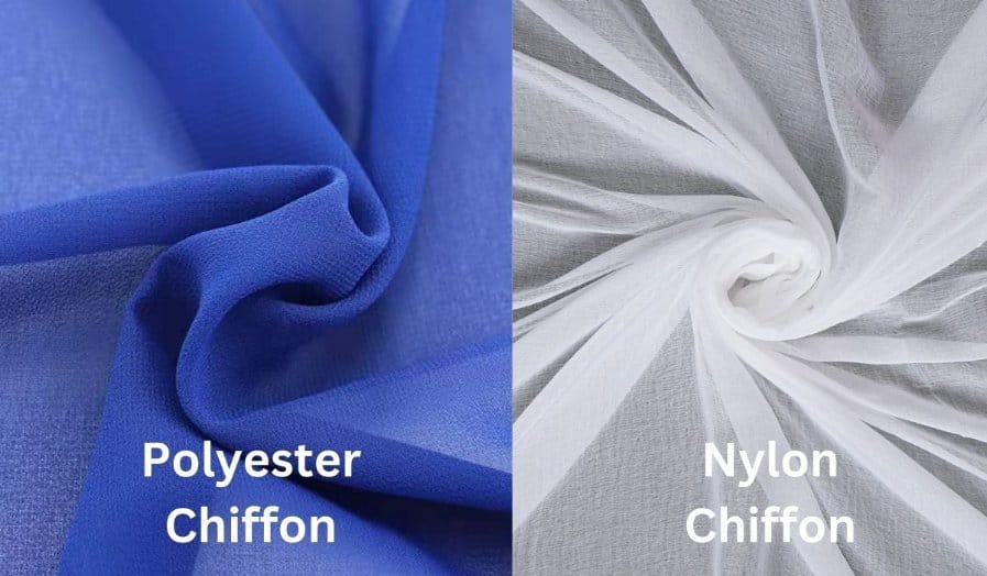 Polyester chiffon and nylon chiffon fabrics displayed side by side to compare texture durability and drape
