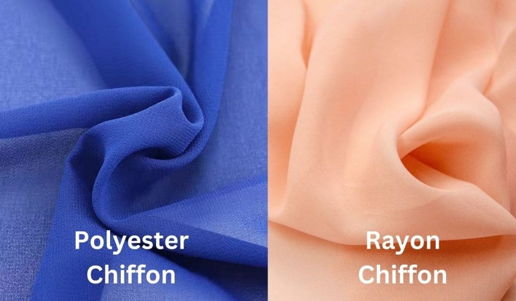 Comparison of polyester chiffon and rayon chiffon fabrics showing smooth synthetic finish versus soft semi natural drape