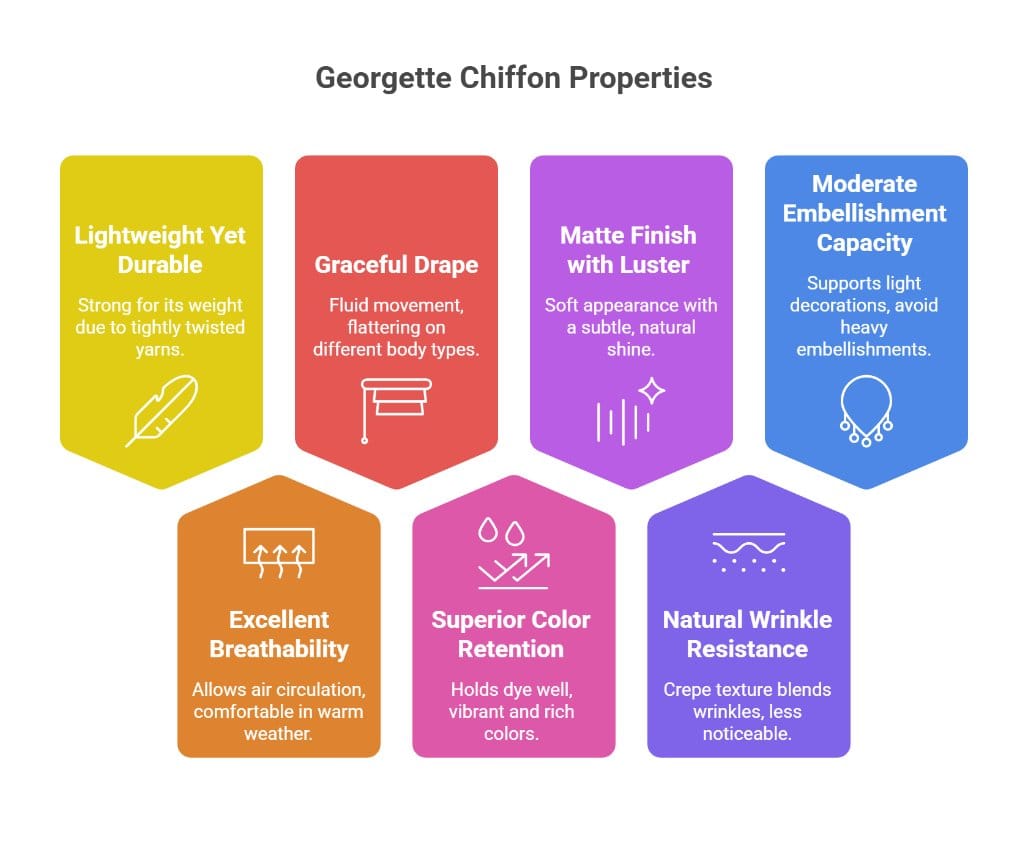 Infographic listing key properties and characteristics of georgette chiffon fabric