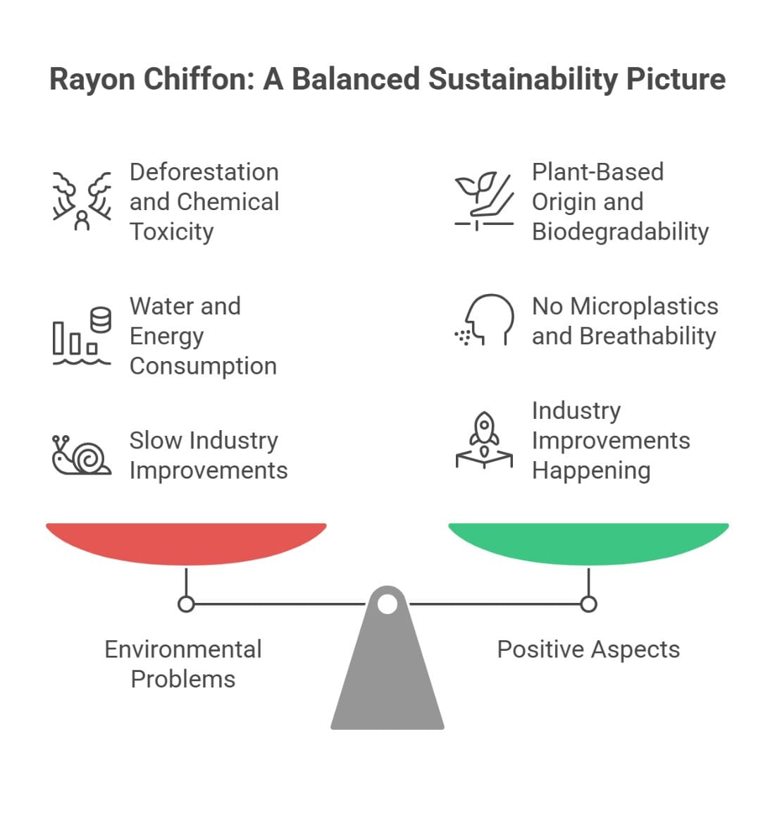 Sustainability comparison chart showing environmental impact and benefits of rayon chiffon fabric