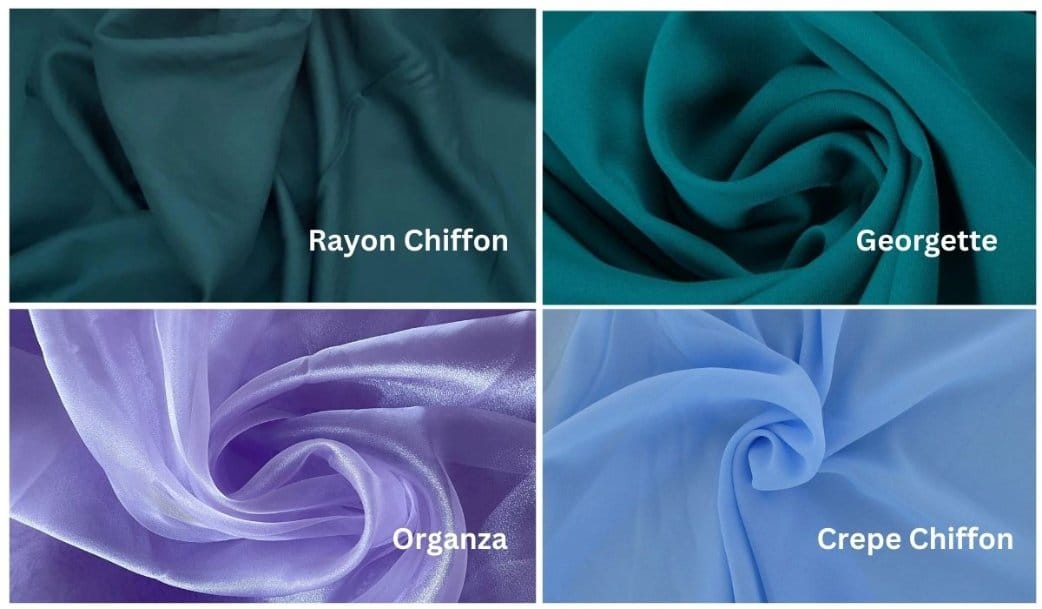 Side by side comparison of rayon chiffon, georgette, organza, and crepe chiffon fabrics