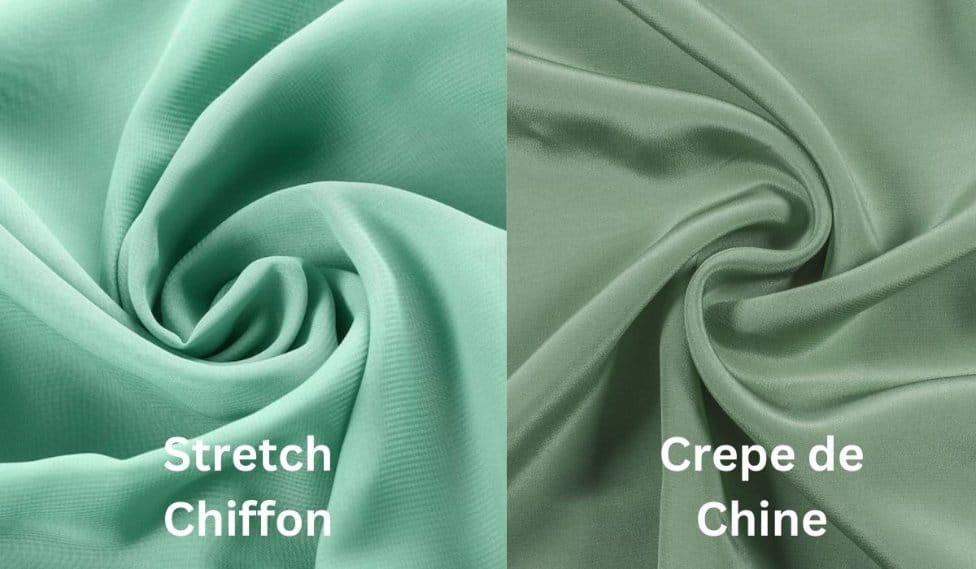 Fabric comparison showing stretch chiffon next to crepe de chine texture