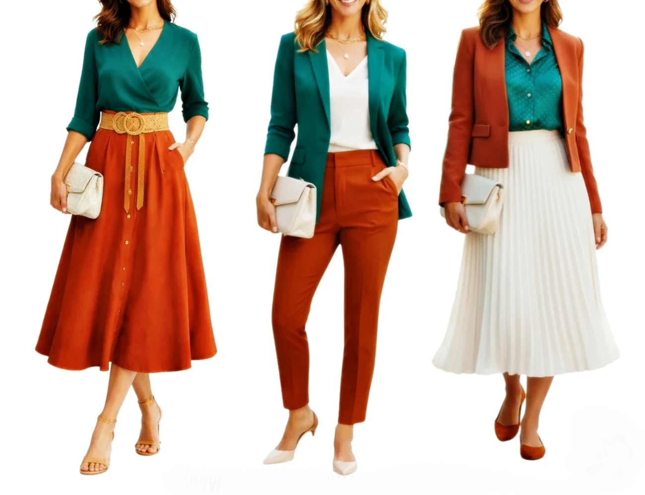 Transformative teal tops paired with amber haze skirts and trousers for color blocking outfit inspiration