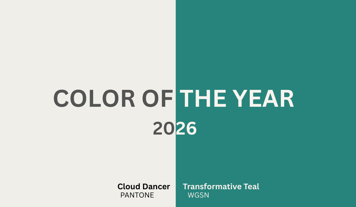 Top trending fashion colors for 2026 including mocha mousse, brat green, butter yellow, cobalt blue, barbiecore hot pink and peach fuzz.