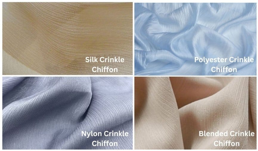 Collage of silk polyester nylon and blended crinkle chiffon varieties