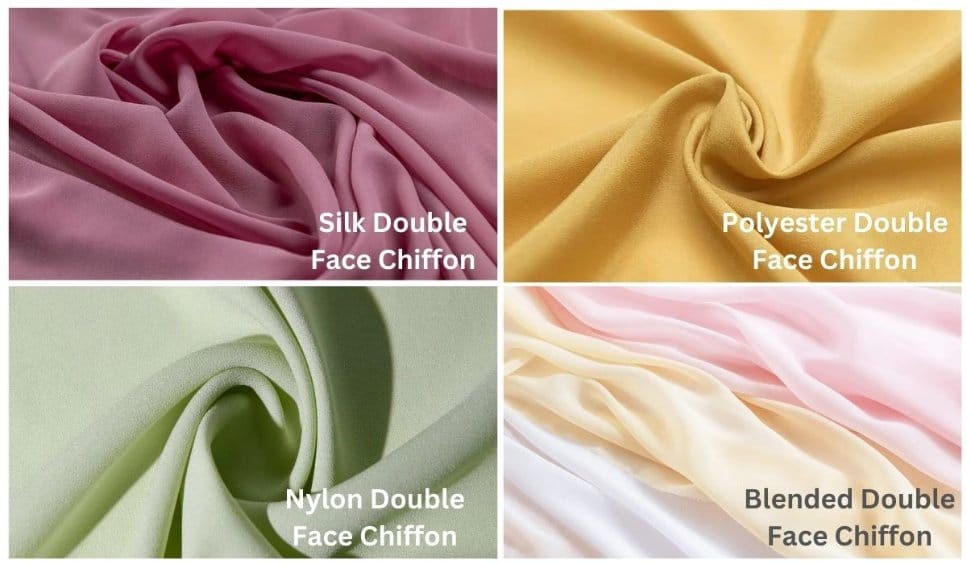 Collage of silk, polyester, nylon, and blended double face chiffon fabrics in different colors and textures for fabric comparison