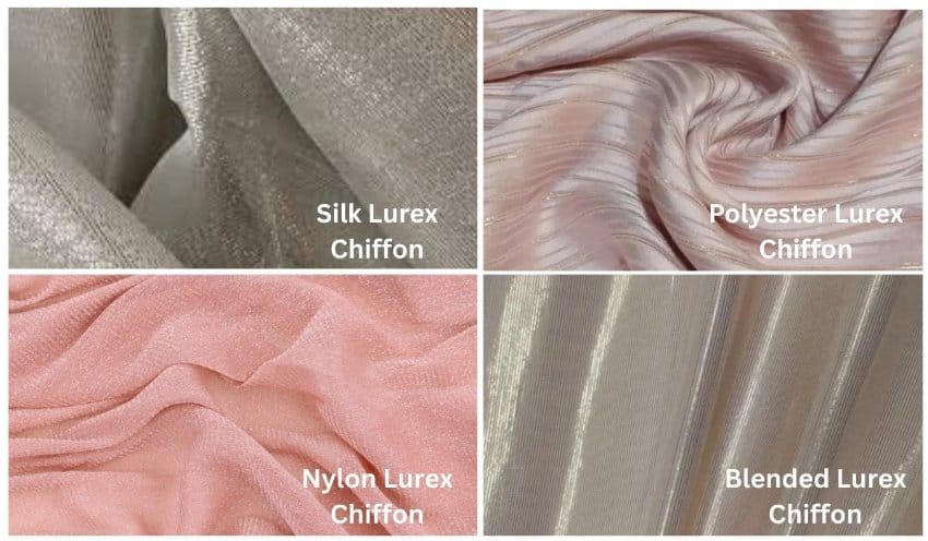 Examples of silk, polyester, nylon, and blended lurex chiffon fabrics