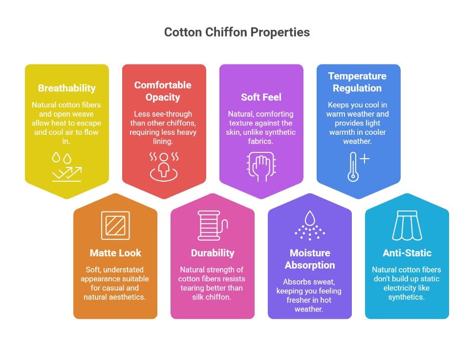 Infographic showing cotton chiffon properties including breathability, softness, durability, and moisture absorption