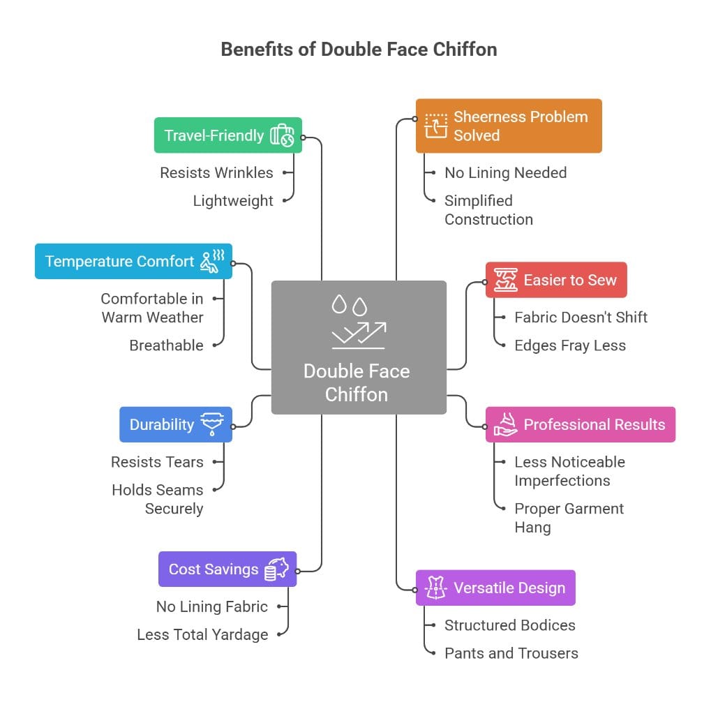 Infographic showing benefits of double face chiffon fabric including wrinkle resistance, breathability, durability, easy sewing, and versatile design
