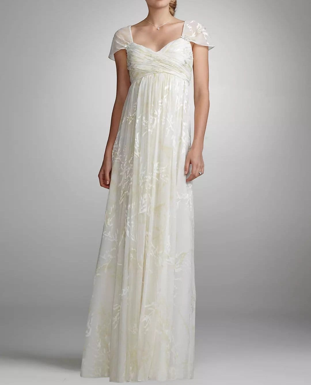 Ivory bridal gown made from delicate burnout chiffon with sheer overlay