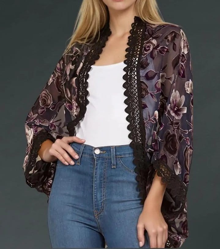 Floral burnout chiffon kimono style cardigan over casual outfit