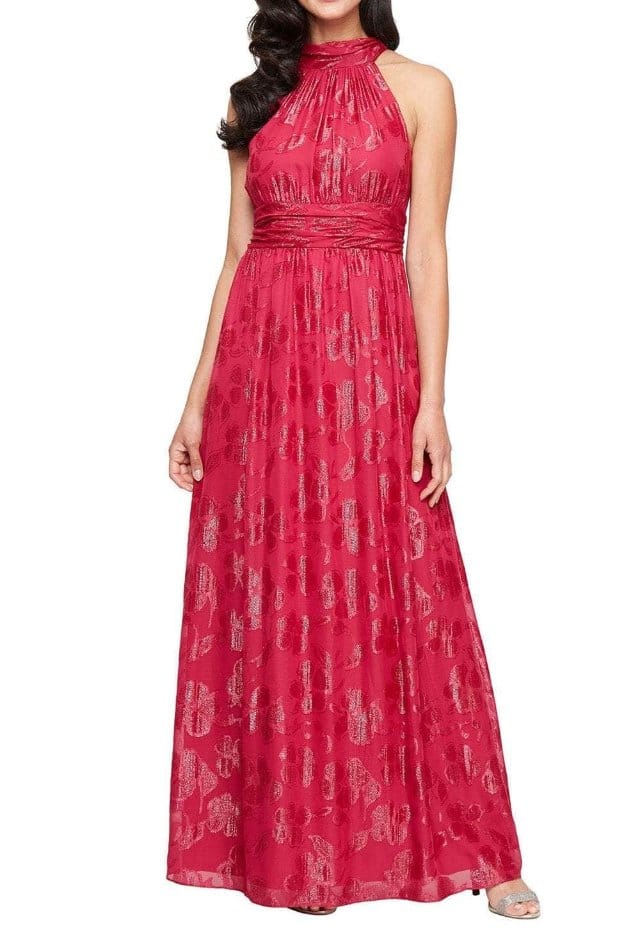 Red evening gown featuring shimmering burnout chiffon pattern