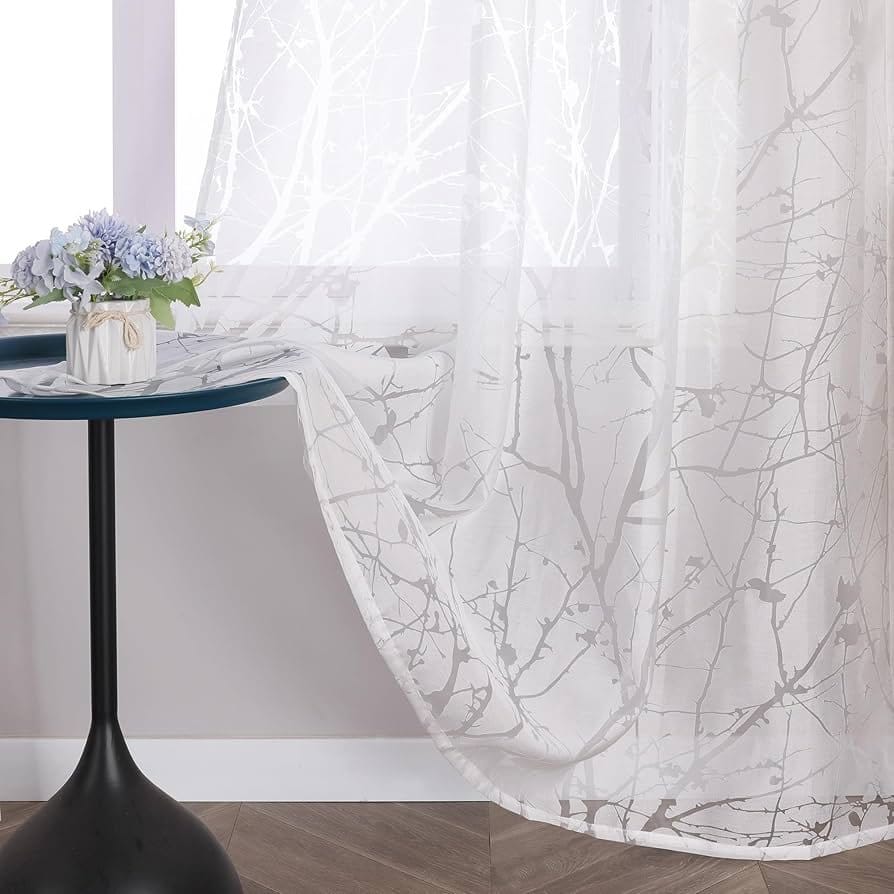 Sheer burnout chiffon curtain with branch pattern in bright room