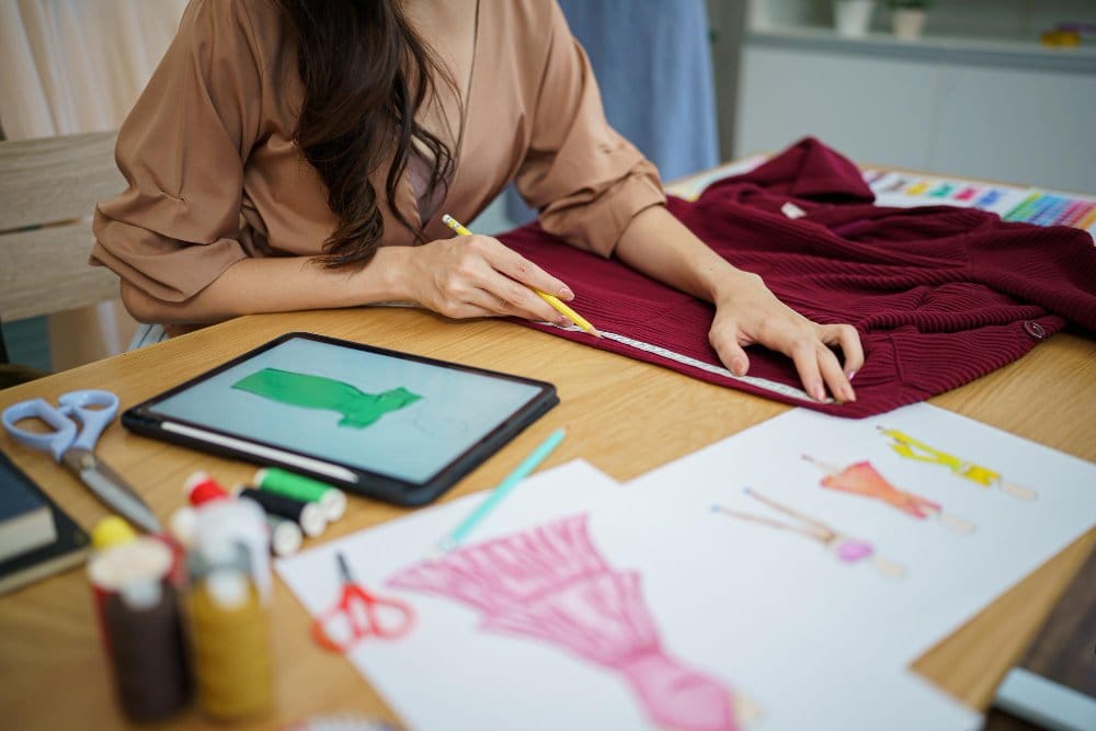 Designer measuring and planning a sewing project using lightweight chiffon fabric