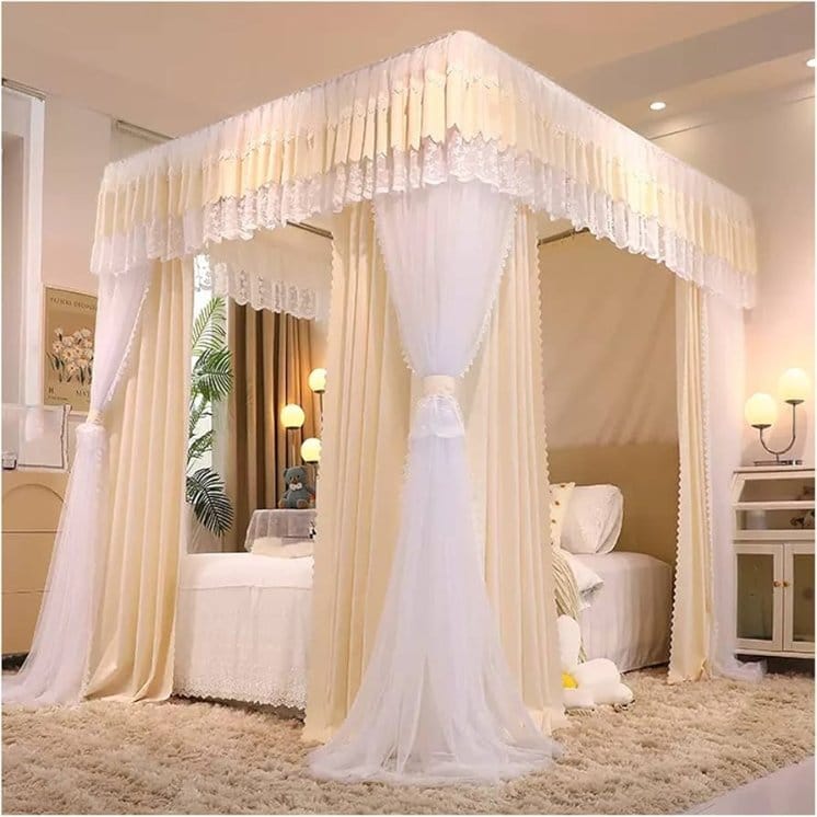 Cotton chiffon fabric draped over a canopy bed creating a soft and romantic bedroom setting