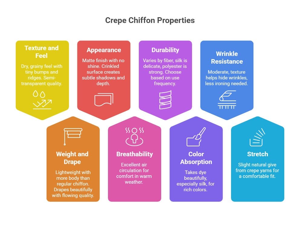 Infographic chart showing crepe chiffon properties including texture durability wrinkle resistance breathability and stretch