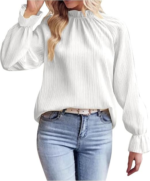 White long sleeve pleated crepe chiffon blouse paired with jeans showing breathable everyday casual fashion style
