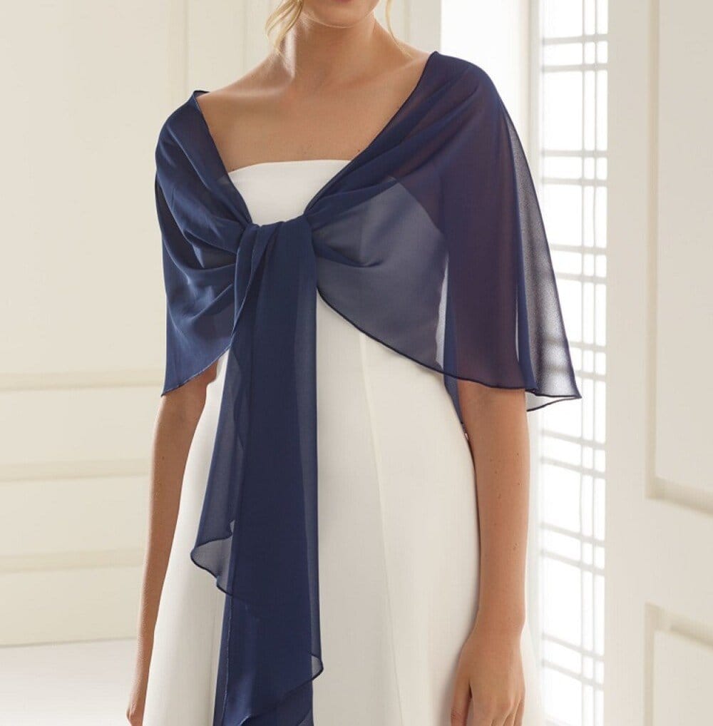 Sheer navy blue crepe chiffon wrap shawl layered over white dress showing lightweight semi transparent styling