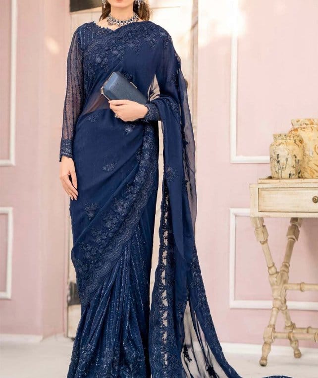 Navy blue traditional outfit made with embroidered crinkle chiffon fabric