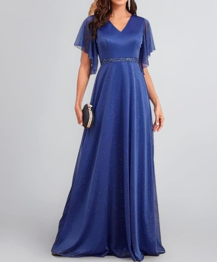 Navy blue evening gown made from double face chiffon with sheer flutter sleeves and sparkling details for formal occasions