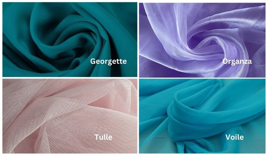 Fabric comparison collage featuring georgette organza tulle and voile textiles similar to chiffon with different textures and sheerness