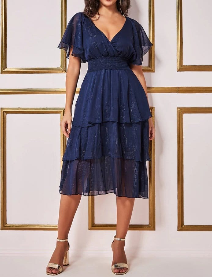 Navy lurex chiffon evening dress with layered skirt and sparkling finish