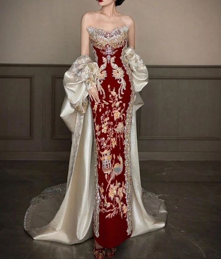 Traditional Chinese style gown featuring lurex chiffon with ornate embroidery and luxurious shine