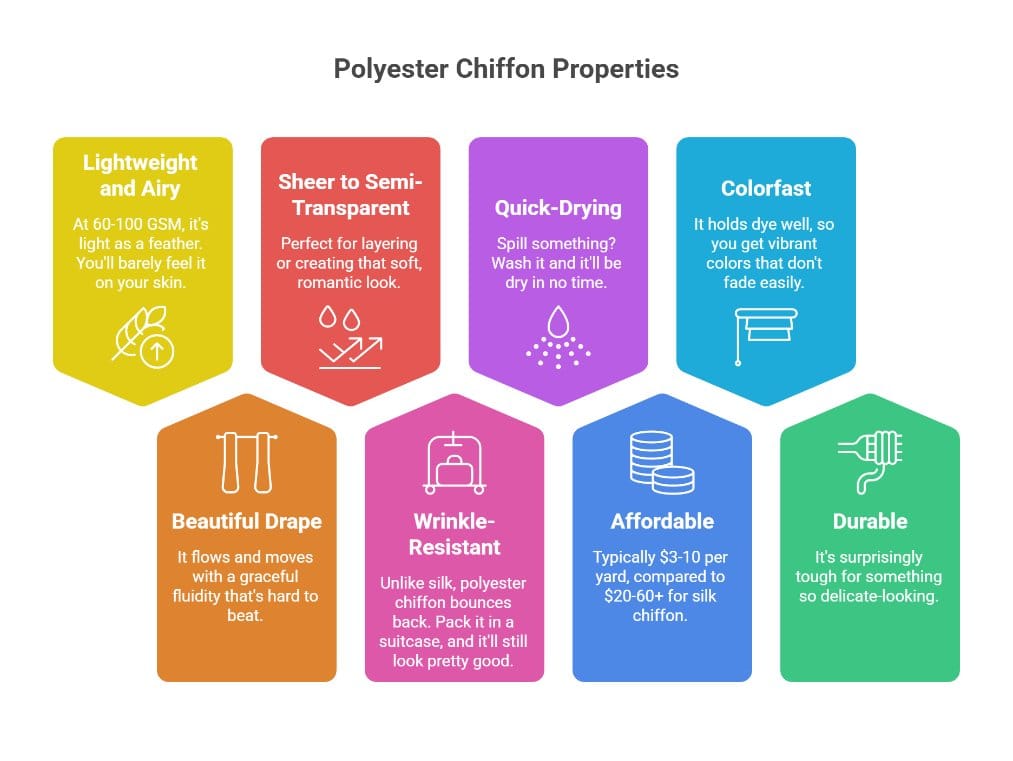 Infographic listing polyester chiffon properties including lightweight quick drying wrinkle resistant durable and affordable features