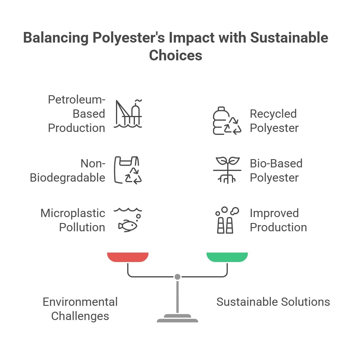 Sustainability infographic showing environmental impact of polyester including petroleum production microplastics and recycled polyester solutions