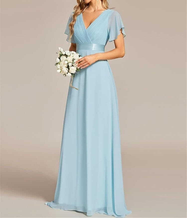 Light blue polyester chiffon evening gown with short sleeves and flowing floor length skirt for formal events