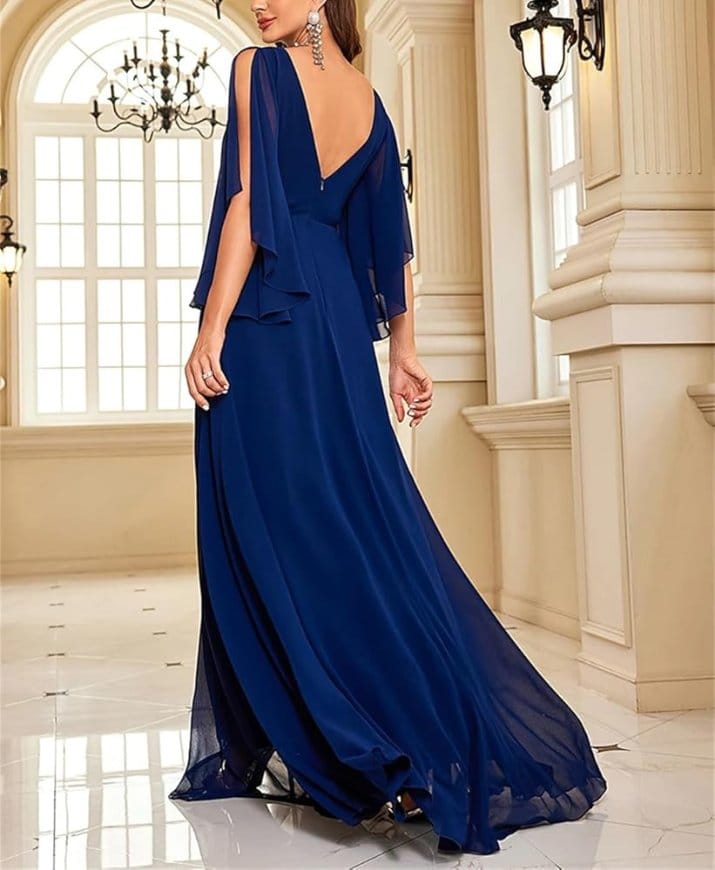 Navy blue rayon chiffon evening dress with open back design and flowing silhouette