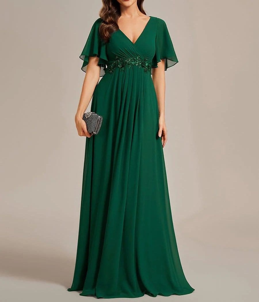 Dark green evening gown with flutter sleeves in stretch chiffon