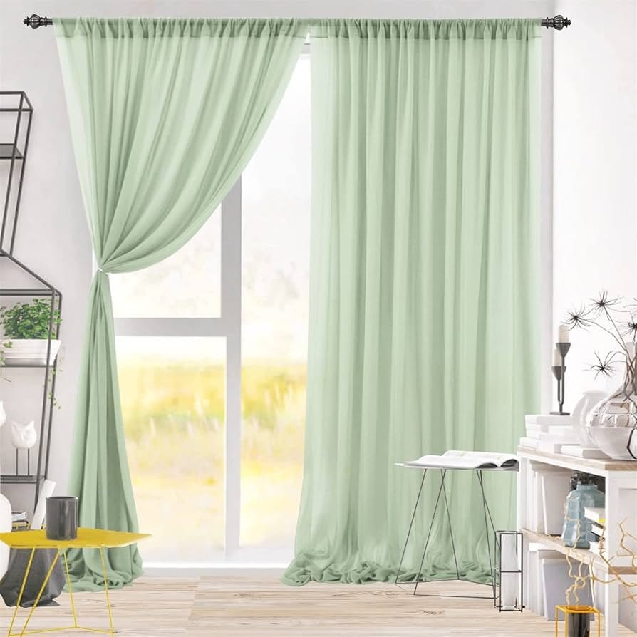 Light green stretch chiffon curtains creating soft window draping