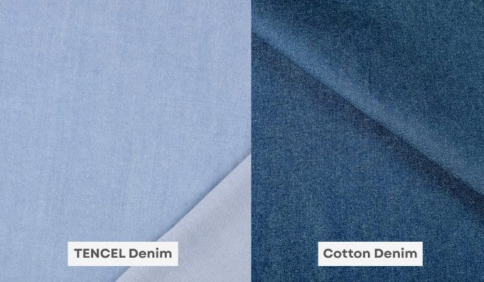 Side-by-side comparison of 100% cotton denim and Lyocell TENCEL denim showing differences in texture, finish, and fabric appearance.