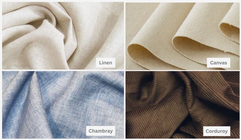 Fabric comparison grid showing linen, canvas, chambray, and corduroy as alternatives to 100% cotton denim.