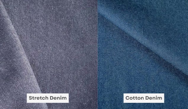 Side-by-side comparison of stretch denim and 100% cotton denim showing texture and structure differences.