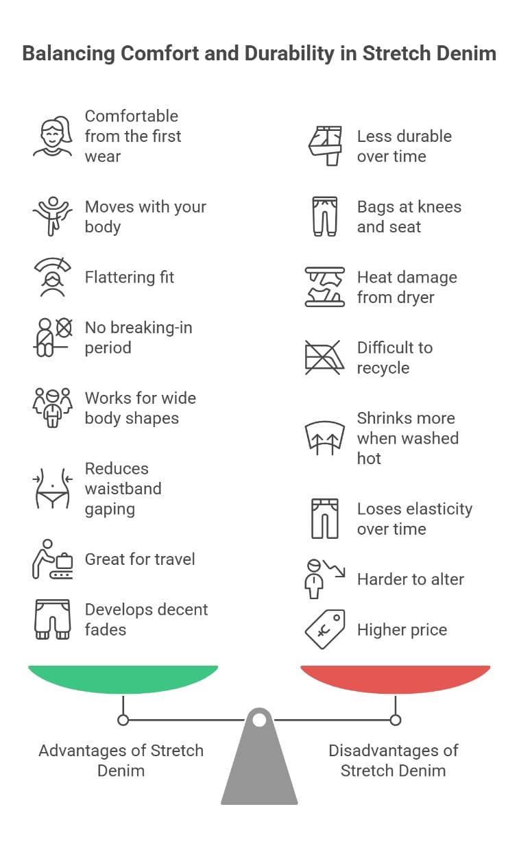 Advantages and disadvantages of stretch denim infographic showing comfort, flexibility, durability issues, and elasticity loss over time